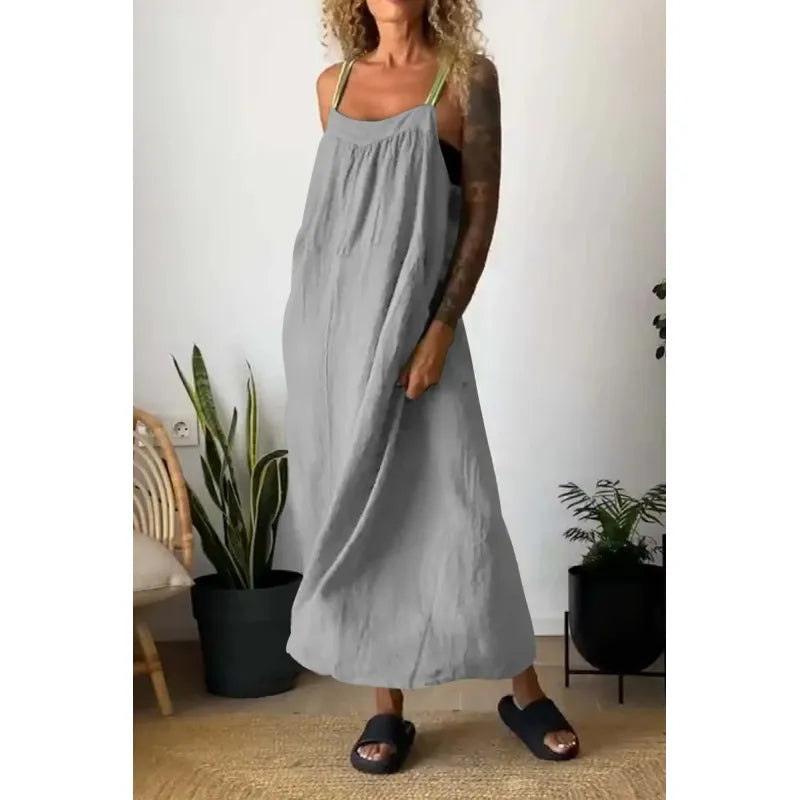 Langes Chambray-Kleid mit Taschen und kontrastierenden Trägern in Beau Blue