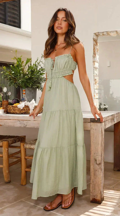 Ärmelloses Maxikleid mit Nähten und Rüschen