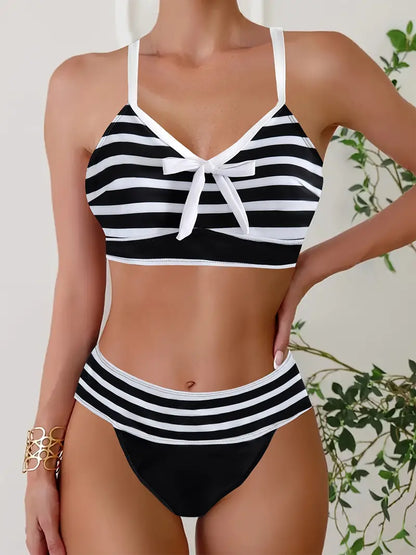 Sexy gestreifter Print-Schleifen-Bikini mit V-Ausschnitt