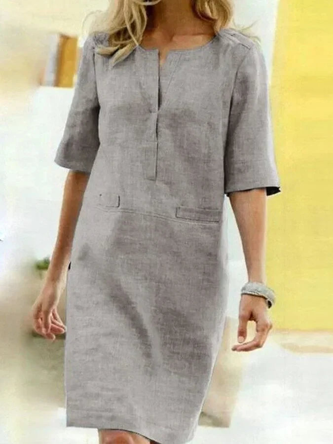 Ronsey - Kurzärmeliges Kleid aus Baumwolle und Leinen für Damen