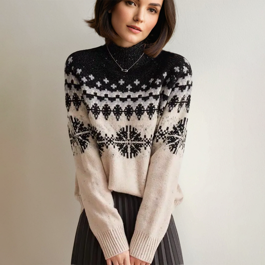 Amanda - Stylischer schwarzer Jacquard-Rollkragenpullover für Frauen mit Naht