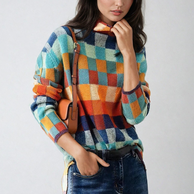 Vanessa - Stylischer, bunter Patchwork-Rollkragenpullover für Damen für den Herbst