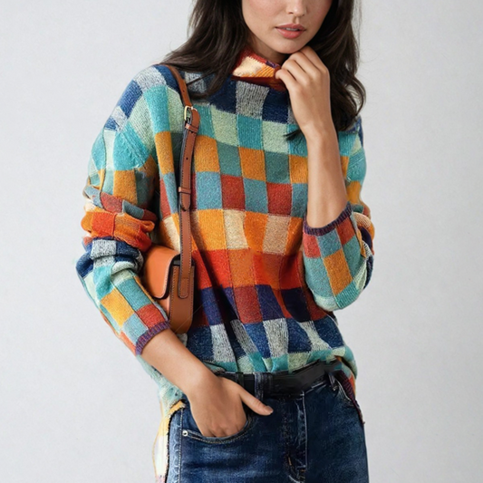 Vanessa - Stylischer, bunter Patchwork-Rollkragenpullover für Damen für den Herbst