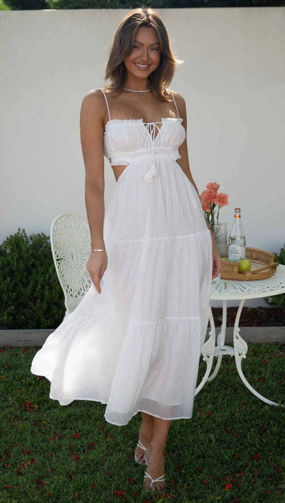 Ärmelloses Maxikleid mit Nähten und Rüschen