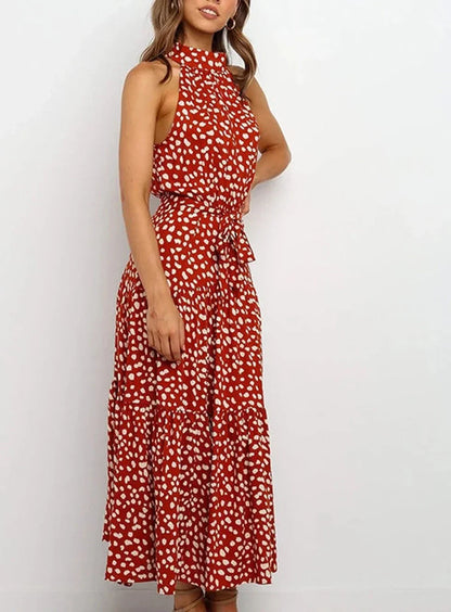 Langes Kleid mit Print und Schleife an der Taille