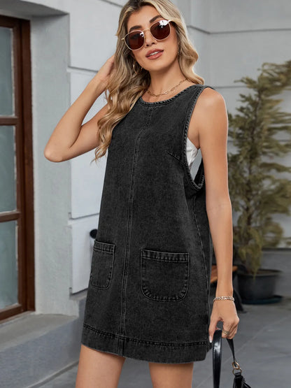 Denim Jumpsuit-Kleid mit Rundhalsausschnitt