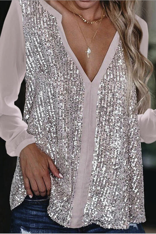 Wiesbeth Bluse | Langärmelige Paillettenbluse mit V-Ausschnitt