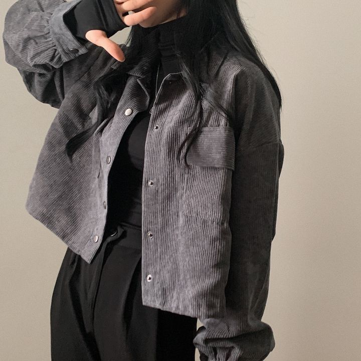 Dunkelgraue Jacke aus geripptem Samt für Damen