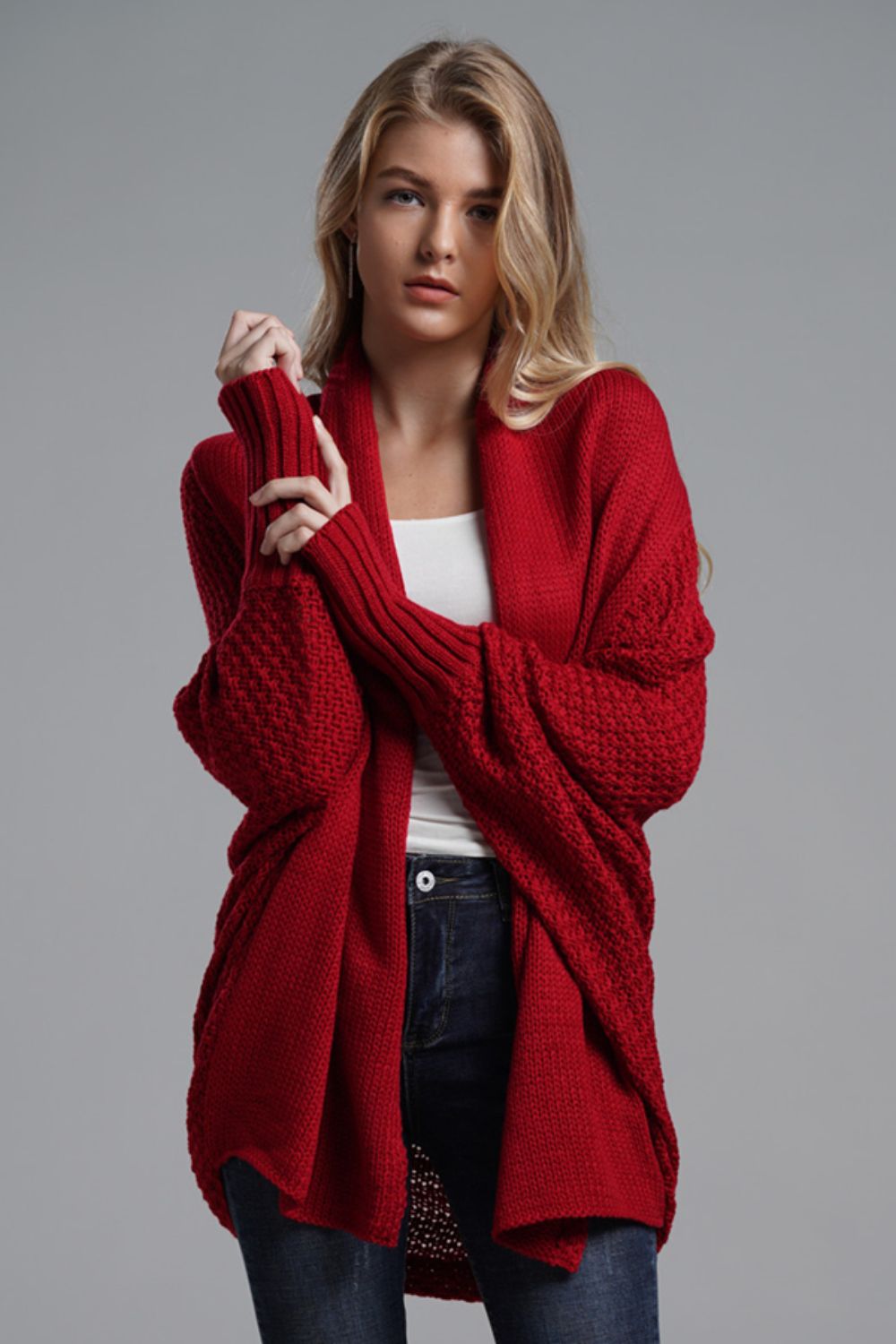 Liana - Lange offene Strickjacke mit Dolman-Ärmeln für Damen