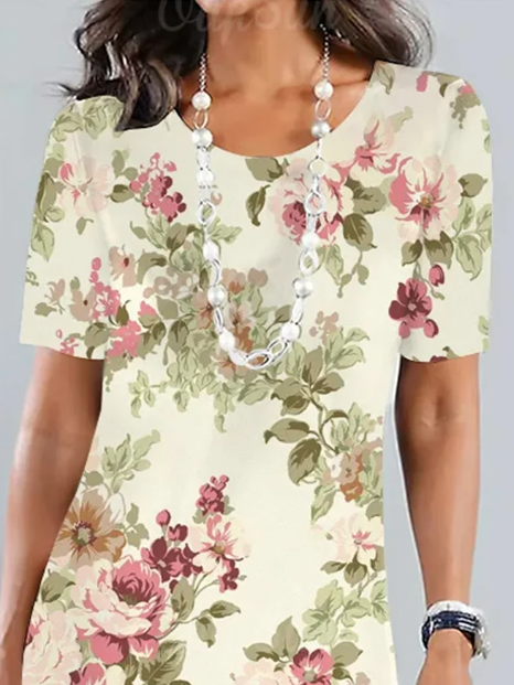 Ensley - Elegantes lockeres geblümtes Midikleid für Gartenpartys mit Rundhalsausschnitt