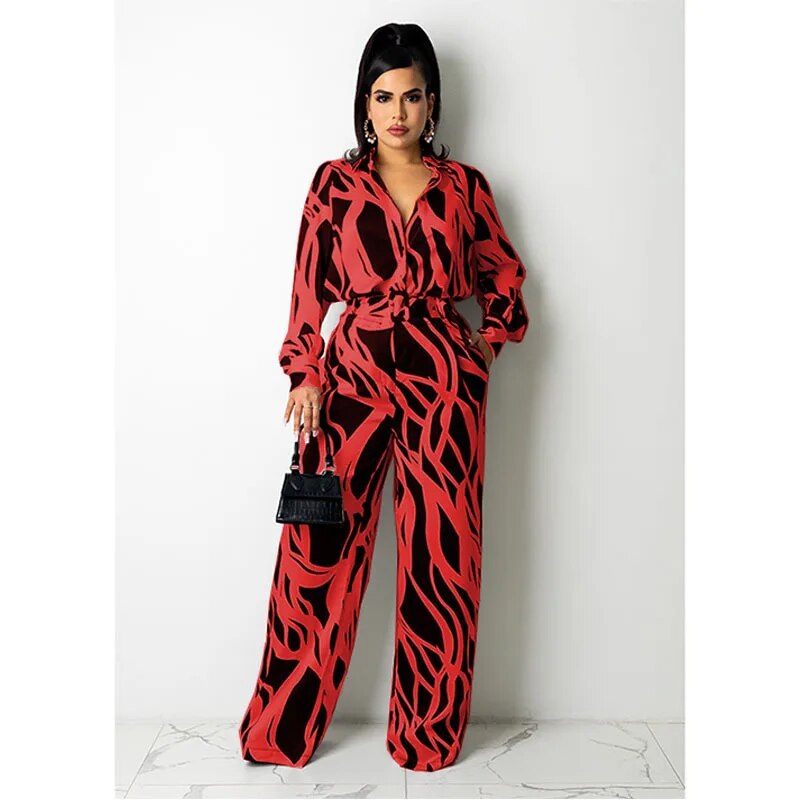 Selima - Damen-Jumpsuit mit Wellenstreifen, langen Ärmeln und weiten Beinen