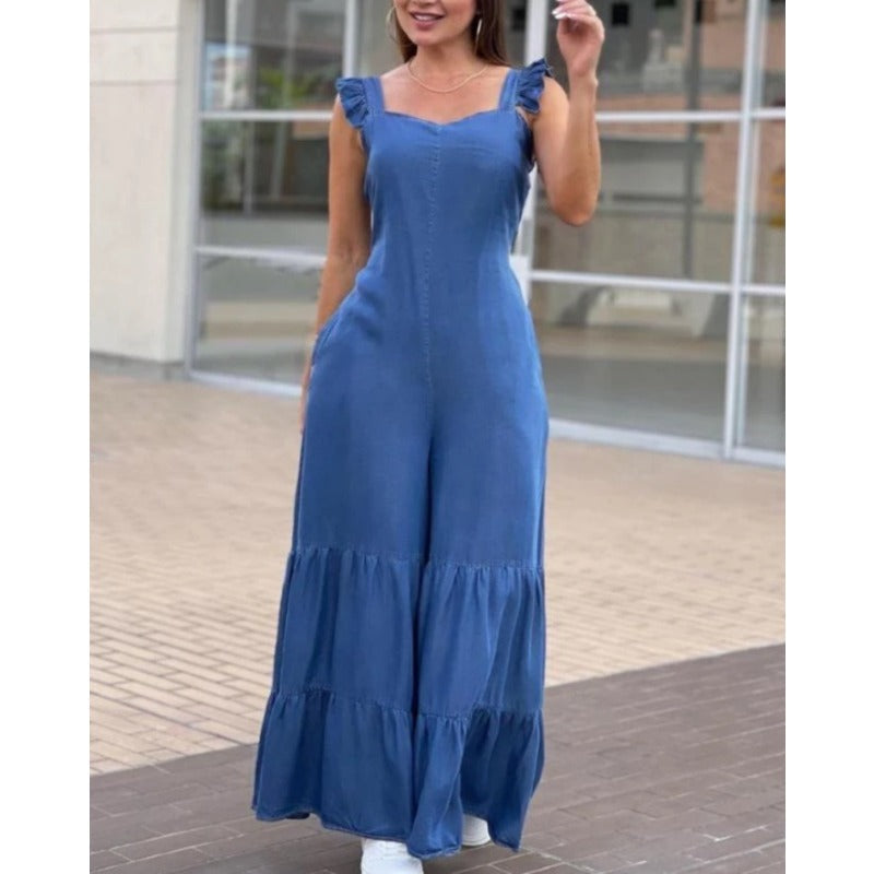 Amelie - Damen-Jumpsuit mit übereinanderliegenden Falten und weiten Beinen mit Rüschen