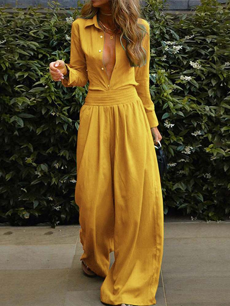 Lucie - Damen-Jumpsuit mit Knöpfen, elastischem Bund und weiten Beinen