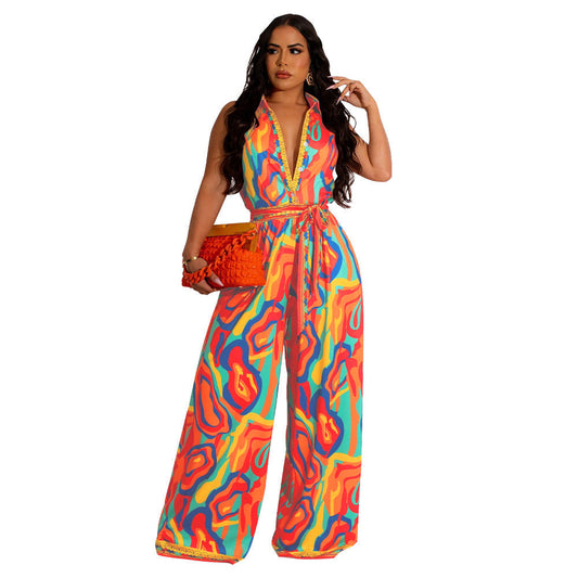 Camille - Damen-Jumpsuit mit weitem Bein und abstraktem Druck und Fliege