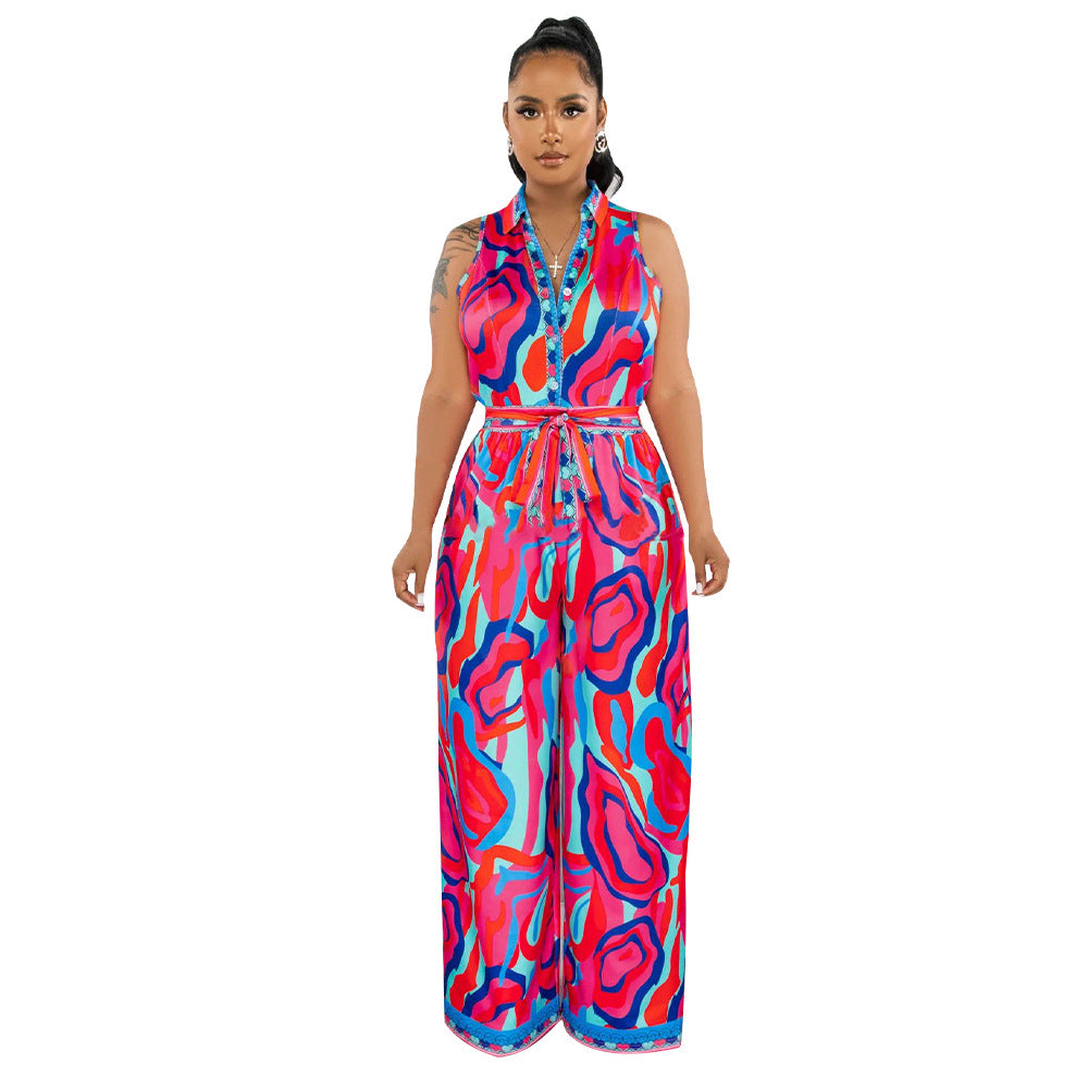 Camille - Damen-Jumpsuit mit weitem Bein und abstraktem Druck und Fliege
