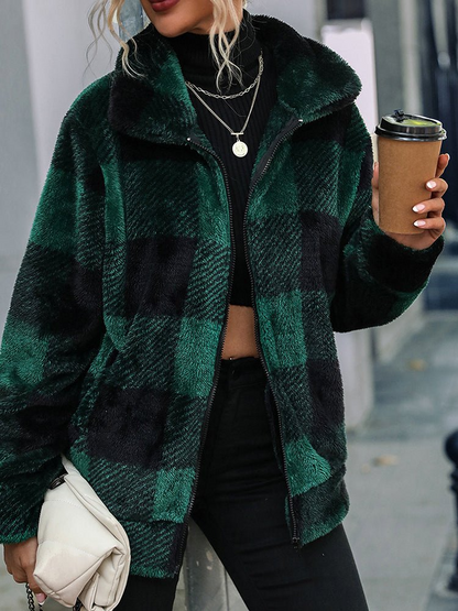 Karierte Damenjacke Double Face mit Kuschelkragen - Warm und elegant