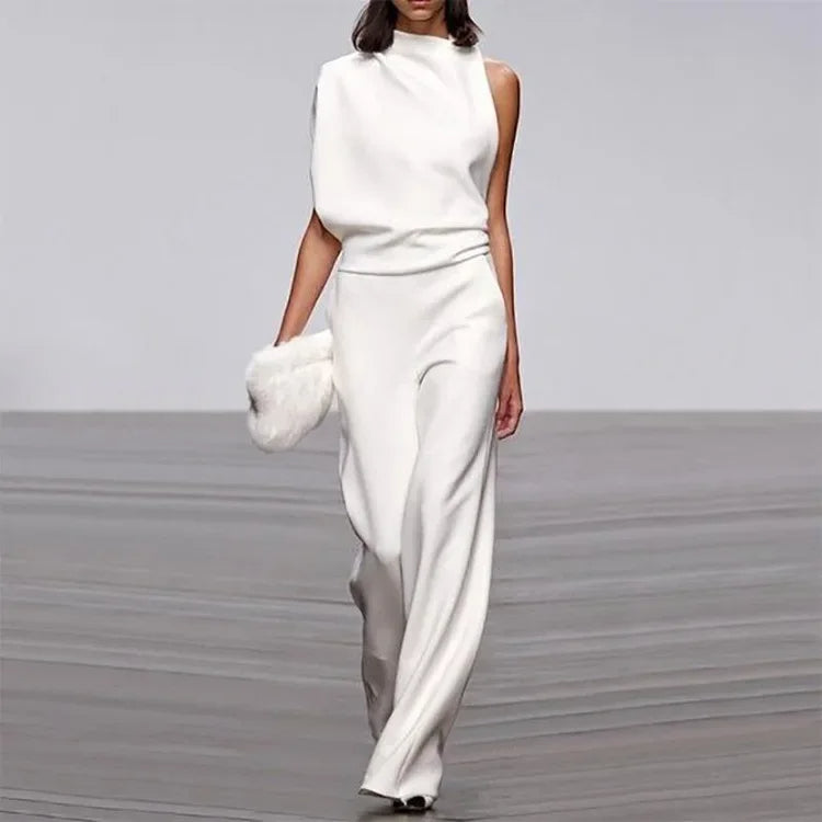 Eleganter weicher ärmelloser Jumpsuit mit weitem Bein | Damen Sommer Jumpsuit