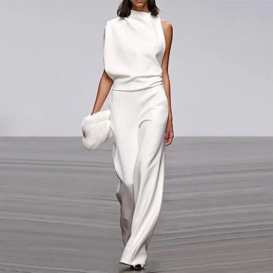 Eleganter weicher ärmelloser Jumpsuit mit weitem Bein | Damen Sommer Jumpsuit