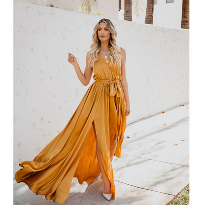 Meredith - Maxikleid mit tiefem Ausschnitt, ärmellos, mit geknöpftem Gürtel