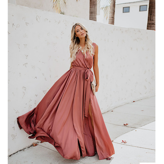 Meredith - Maxikleid mit tiefem Ausschnitt, ärmellos, mit geknöpftem Gürtel