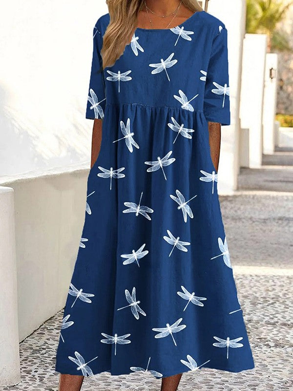 Sophine - Kurzärmeliges, rundes Kleid mit Libellenprint