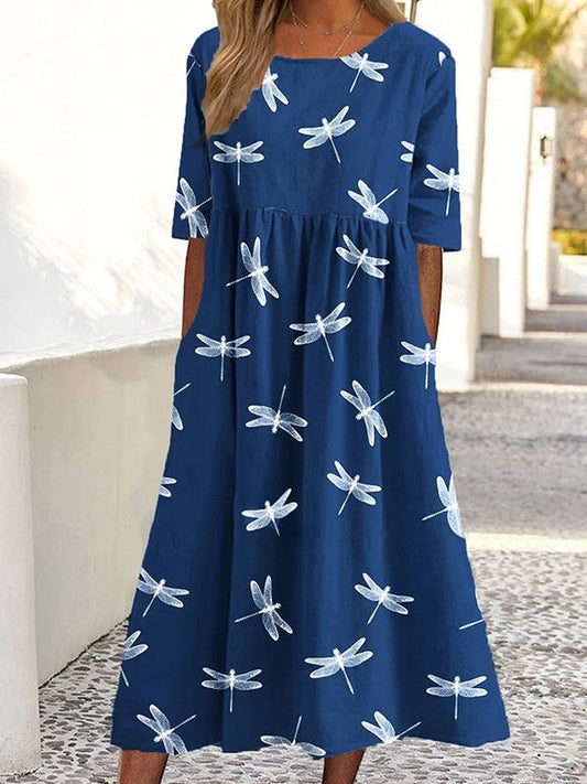 Sophine - Kurzärmeliges, rundes Kleid mit Libellenprint