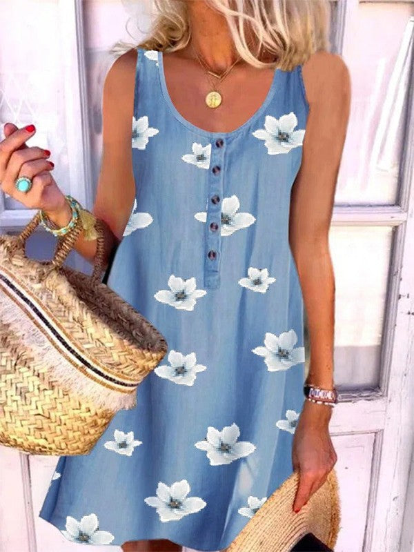 Anisa - Lässiges ärmelloses Kleid mit Rundhalsausschnitt und Blumendruck