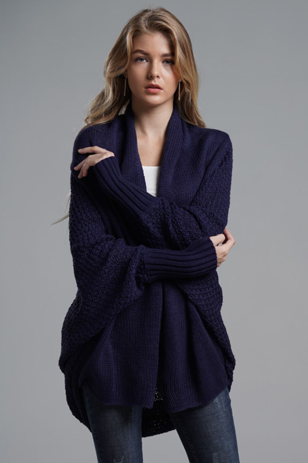 Liana - Lange offene Strickjacke mit Dolman-Ärmeln für Damen