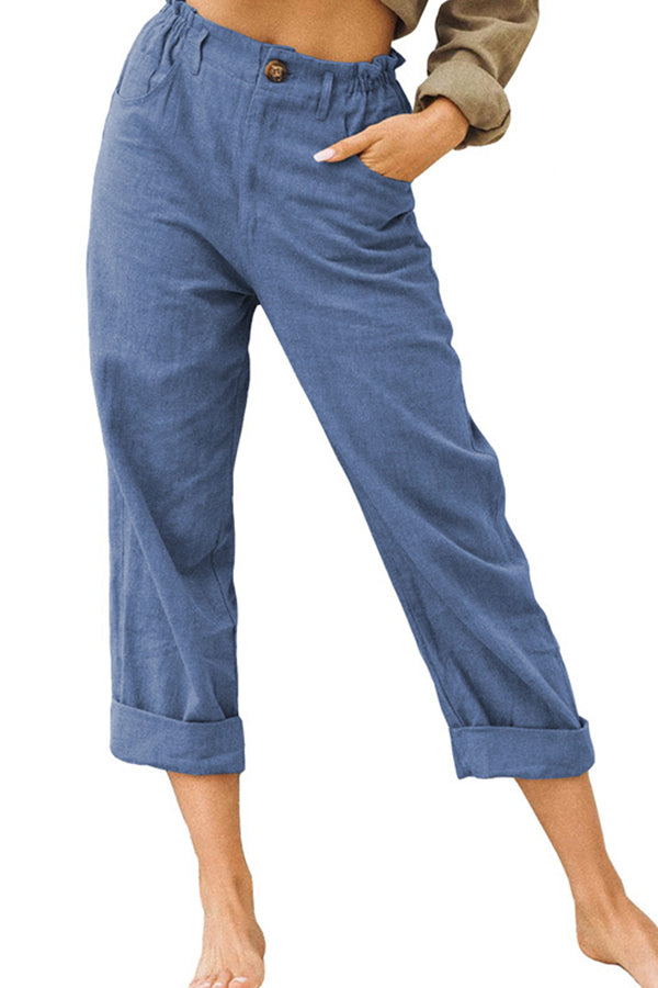 unifarbene Baumwolle und Leinen modische lockere Freizeithose mit hoher Taille
