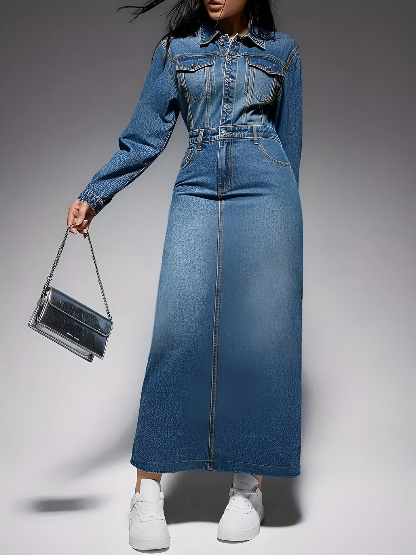 Jacinta | Stylisches langärmeliges Kleid in Denim-Optik