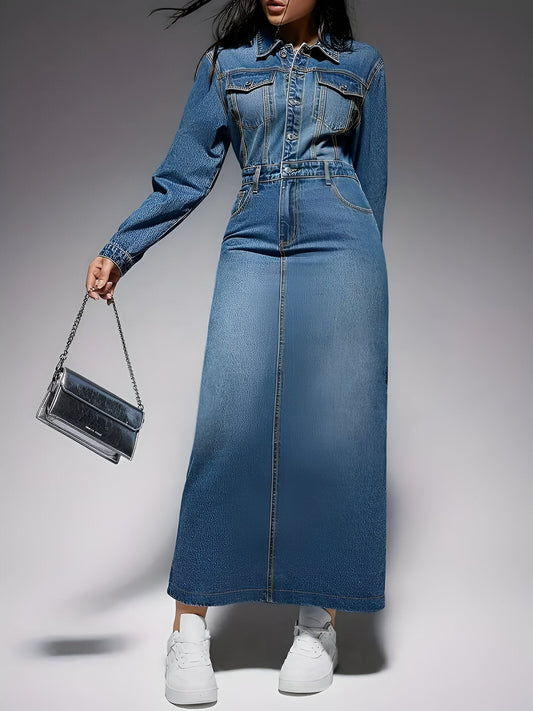 Jacinta | Stylisches langärmeliges Kleid in Denim-Optik