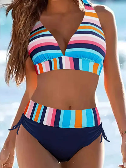Neckholder-Bikini mit buntem Streifendruck und Schnürung