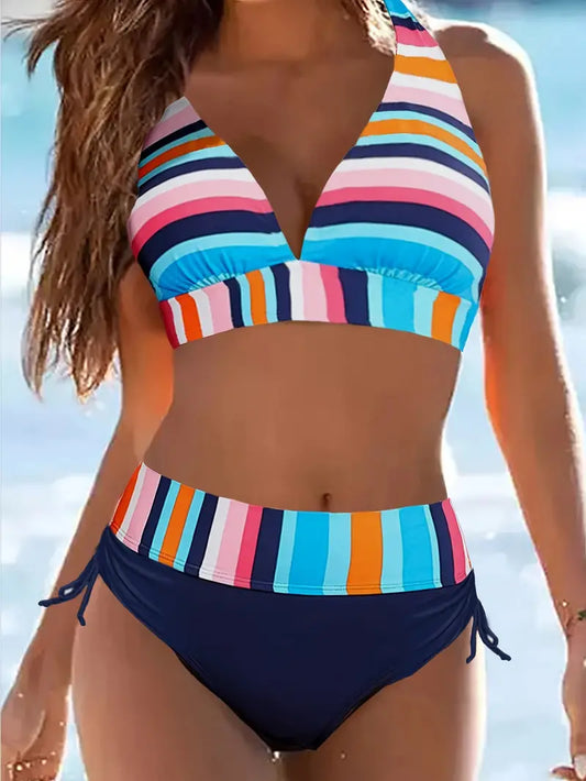 Neckholder-Bikini mit buntem Streifendruck und Schnürung