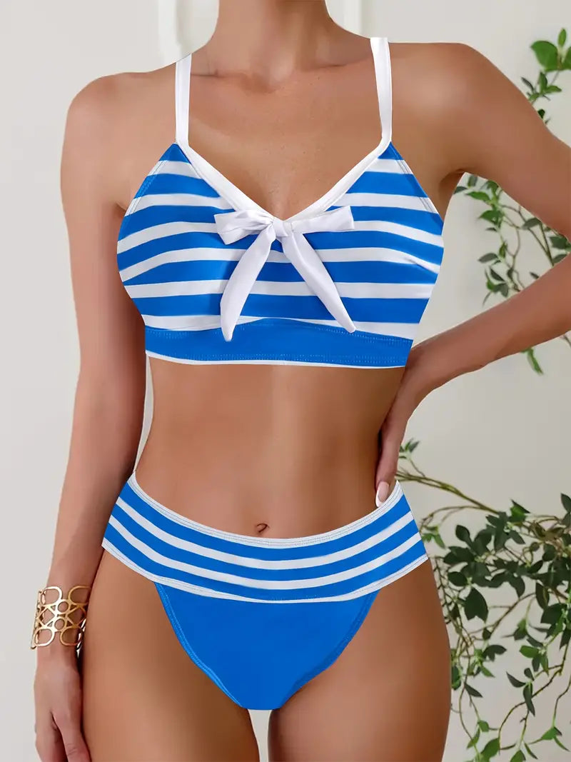Sexy gestreifter Print-Schleifen-Bikini mit V-Ausschnitt
