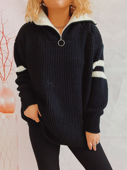 Ella - Zweifarbiger Rippenstrickpullover mit halbem Reißverschluss für Frauen