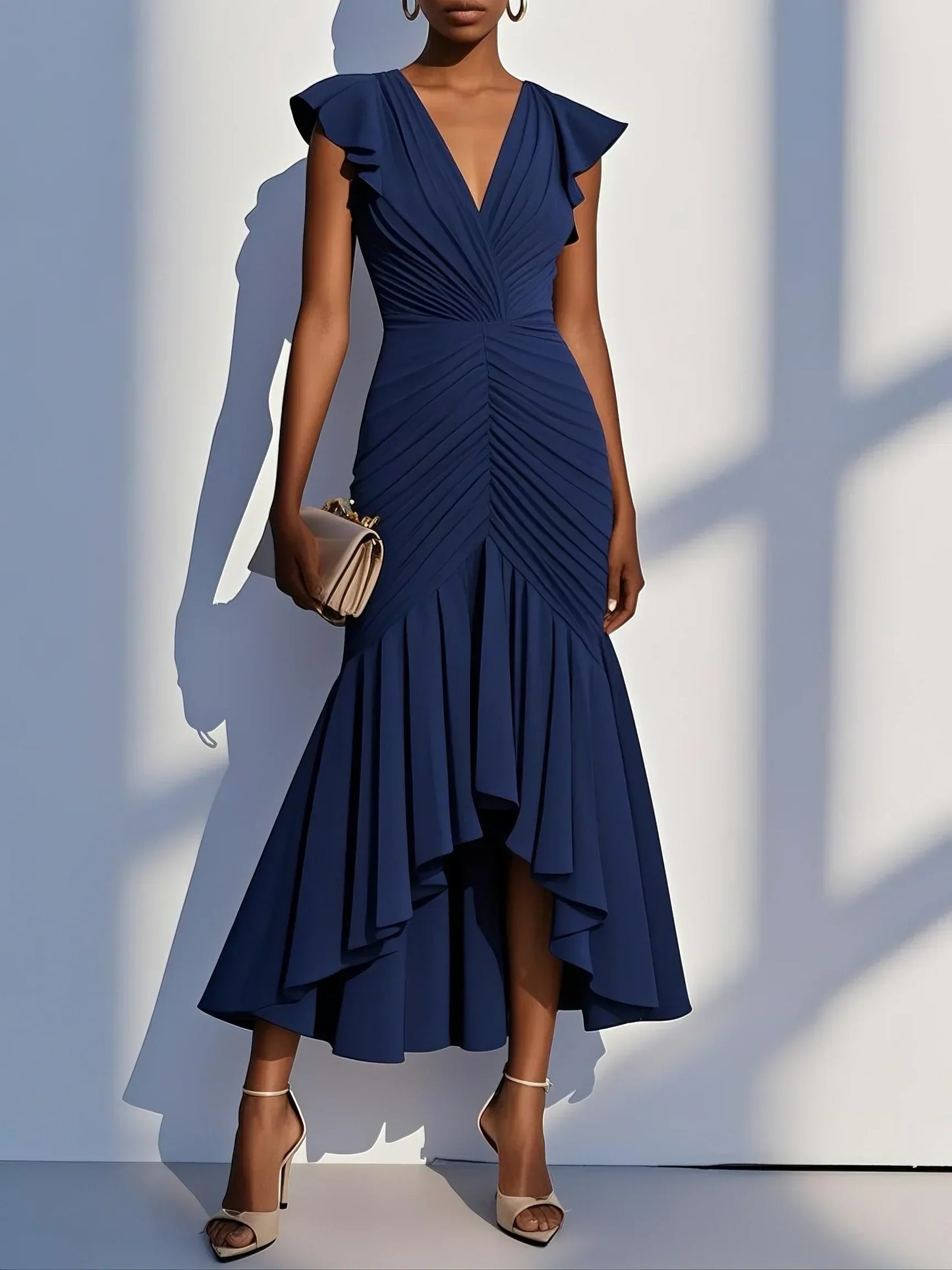 Elegantes Midi-Abendkleid mit Ausschnitt mit Rüschen und kurzen Ärmeln