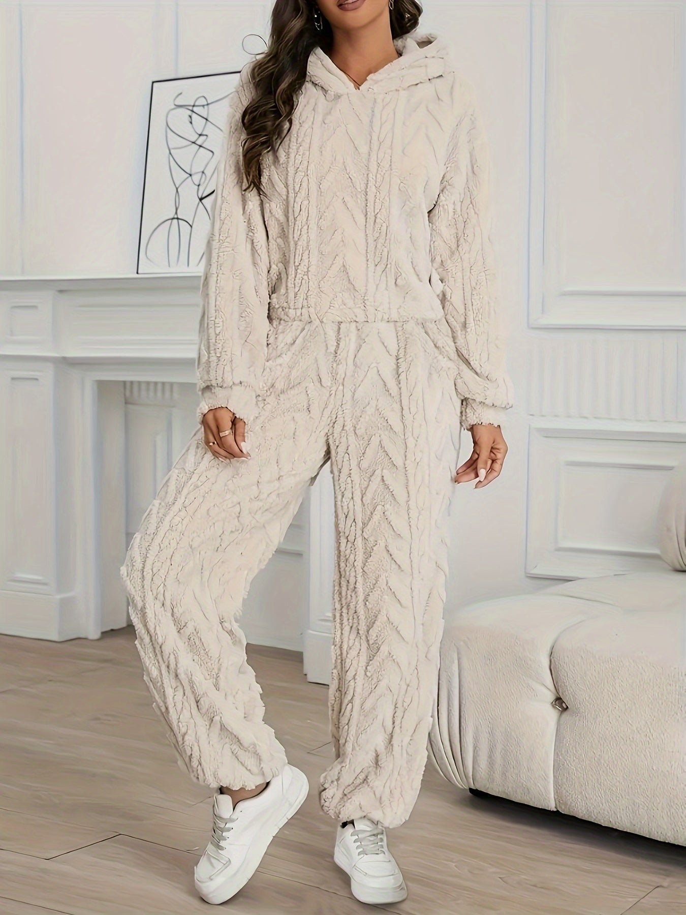 Amelia - Beige Elegantes Langärmeliges Fleece-Kapuzen-Set für Frauen