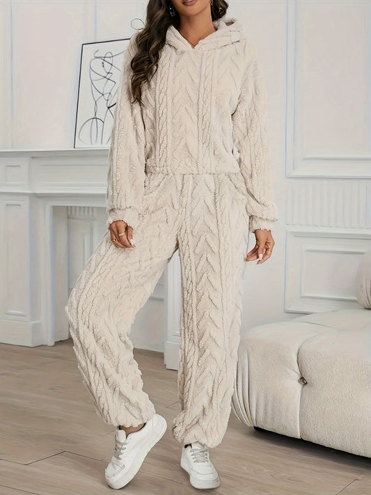 Amelia - Beige Elegantes Langärmeliges Fleece-Kapuzen-Set für Frauen