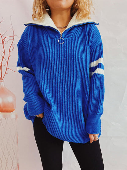 Ella - Zweifarbiger Rippenstrickpullover mit halbem Reißverschluss für Frauen