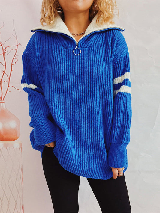 Ella - Zweifarbiger Rippenstrickpullover mit halbem Reißverschluss für Frauen