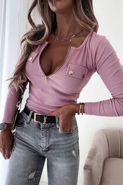 Wynche Top | Zipper Neck Knopf gerippt Langarm