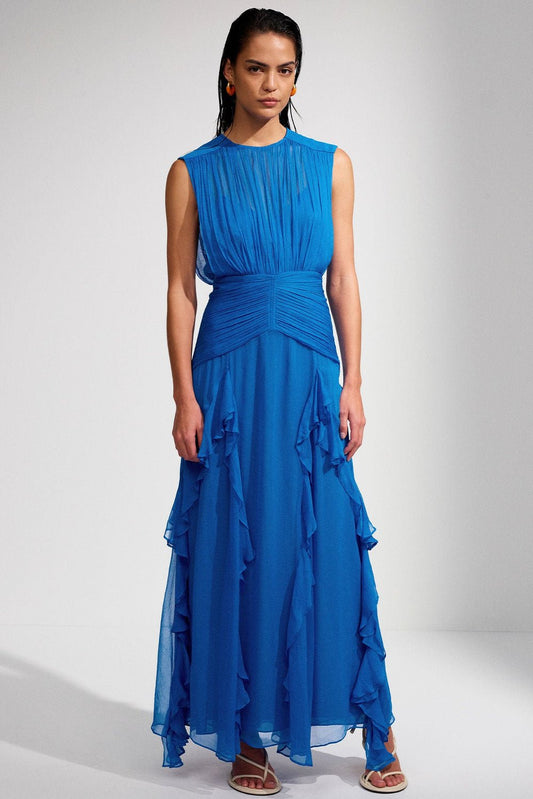 Eileen Plissiertes Maxikleid mit Rundhalsausschnitt und Rüschen