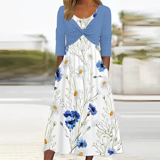 -Stil blaues geblümtes Kleid