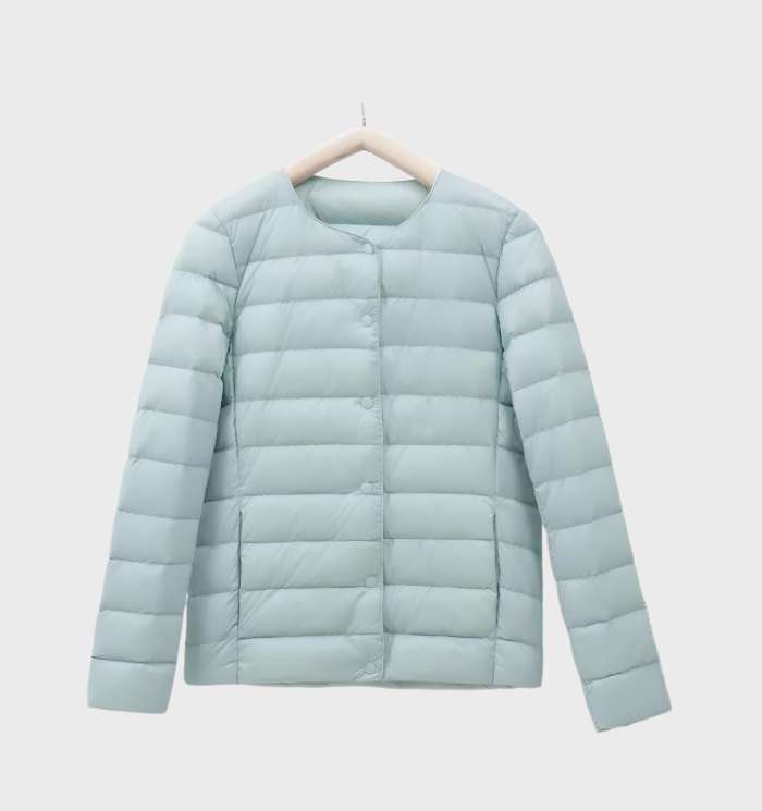 Einfarbige gesteppte Puffjacke mit Rundhalsausschnitt für Frauen