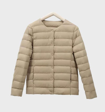 Einfarbige gesteppte Puffjacke mit Rundhalsausschnitt für Frauen