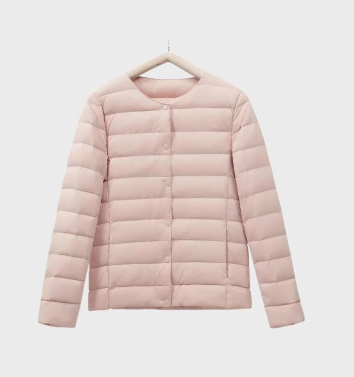 Einfarbige gesteppte Puffjacke mit Rundhalsausschnitt für Frauen