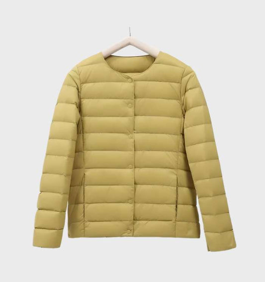 Einfarbige gesteppte Puffjacke mit Rundhalsausschnitt für Frauen