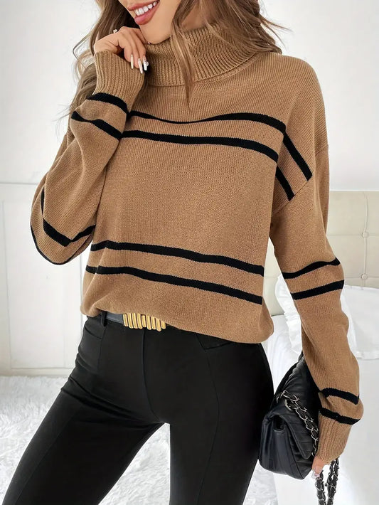 Elina - Braun Kuscheliger, gestreifter Rollkragenpullover für Damen