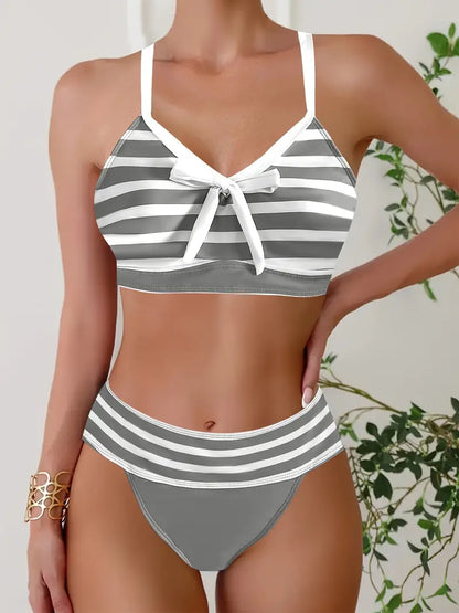 Sexy gestreifter Print-Schleifen-Bikini mit V-Ausschnitt