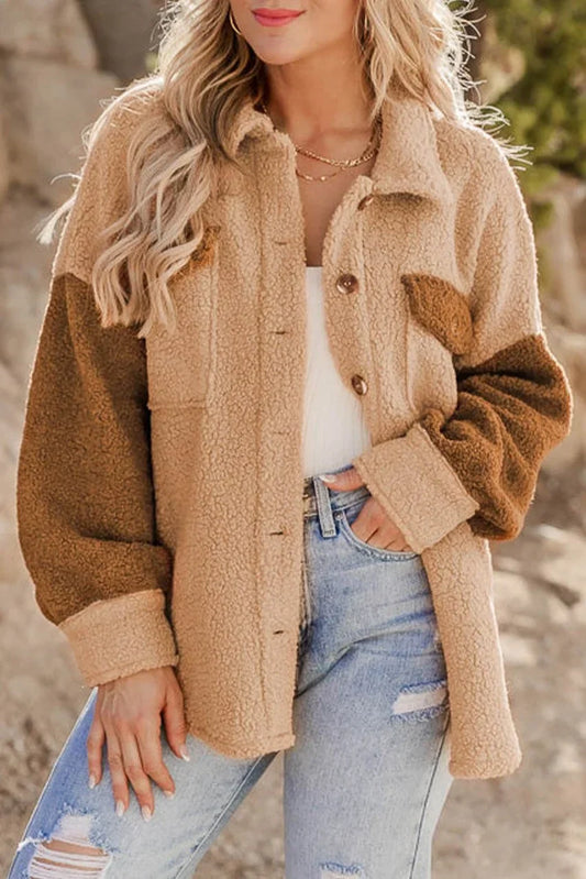 Camel Colorblock Sherpa-Jacke mit Taschen - Elegant und warm